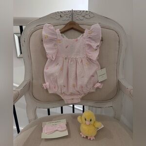 🐣 6~9 Mth Pink Striped Ruffled Bubble Baby Romper with Embroidery Details NWT